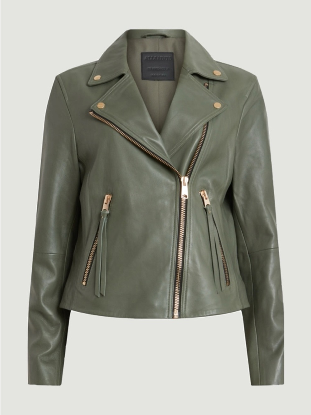 AllSaints Olive Green Leather Moto Jacket with Gold Hardware